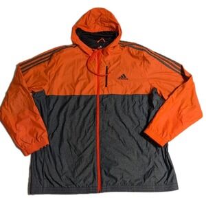 Adidas Hooded Windbreaker Jacket Mens 2XL Orange Gray Full Zip 3 Stripe